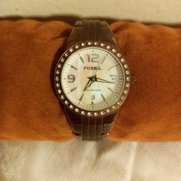 Fossil BLUE mother of pearl bronze band rhinestone face AM 4138 - Picture 1 of 6